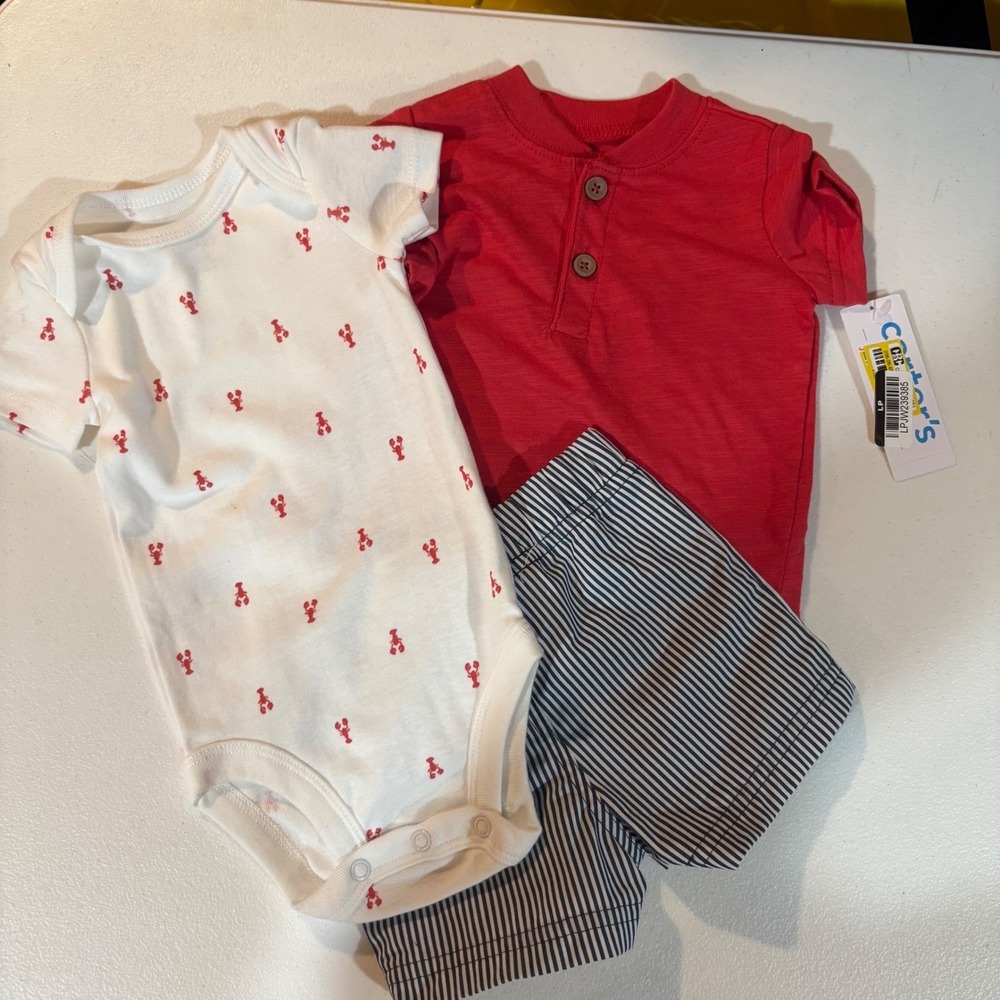Carters Just One You Baby Boy 3 Piece Set Red Henley Lobster Bodysuit Shorts 3M